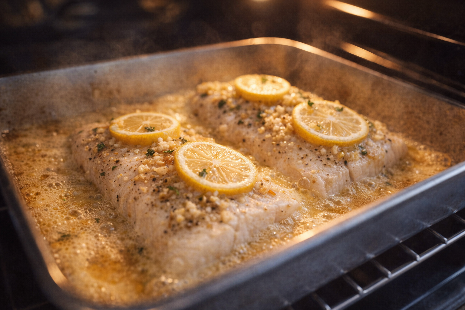 A close-up shot of white fish fillets baking in the oven, with the lemon-garlic butter bubbling around the edges, oven light illuminating the dish